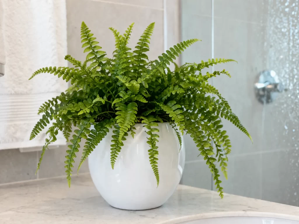 Een frisse groene varen in een witte pot, perfect voor een vochtige badkamer.