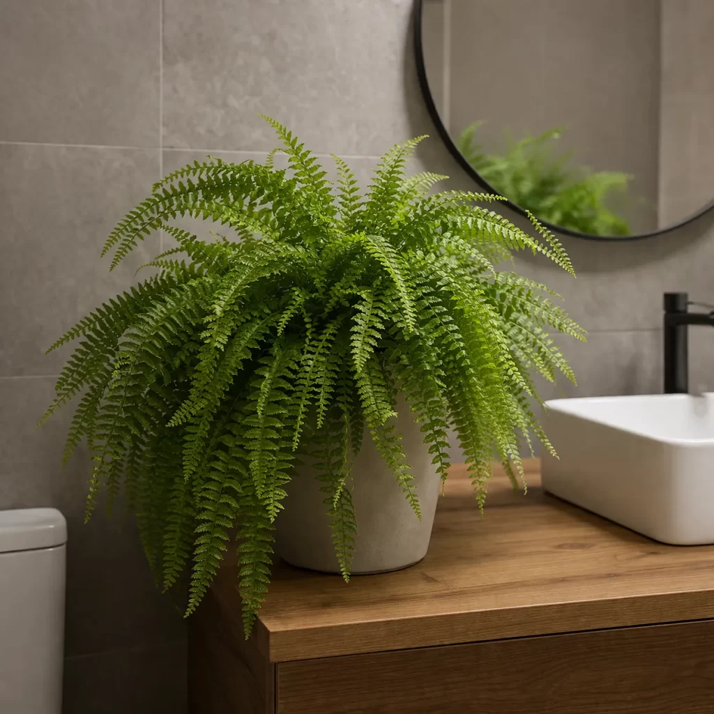 Een echte, groene varen in een moderne badkamer zonder raam. Fris, rustgevend en perfect voor vochtige ruimtes.