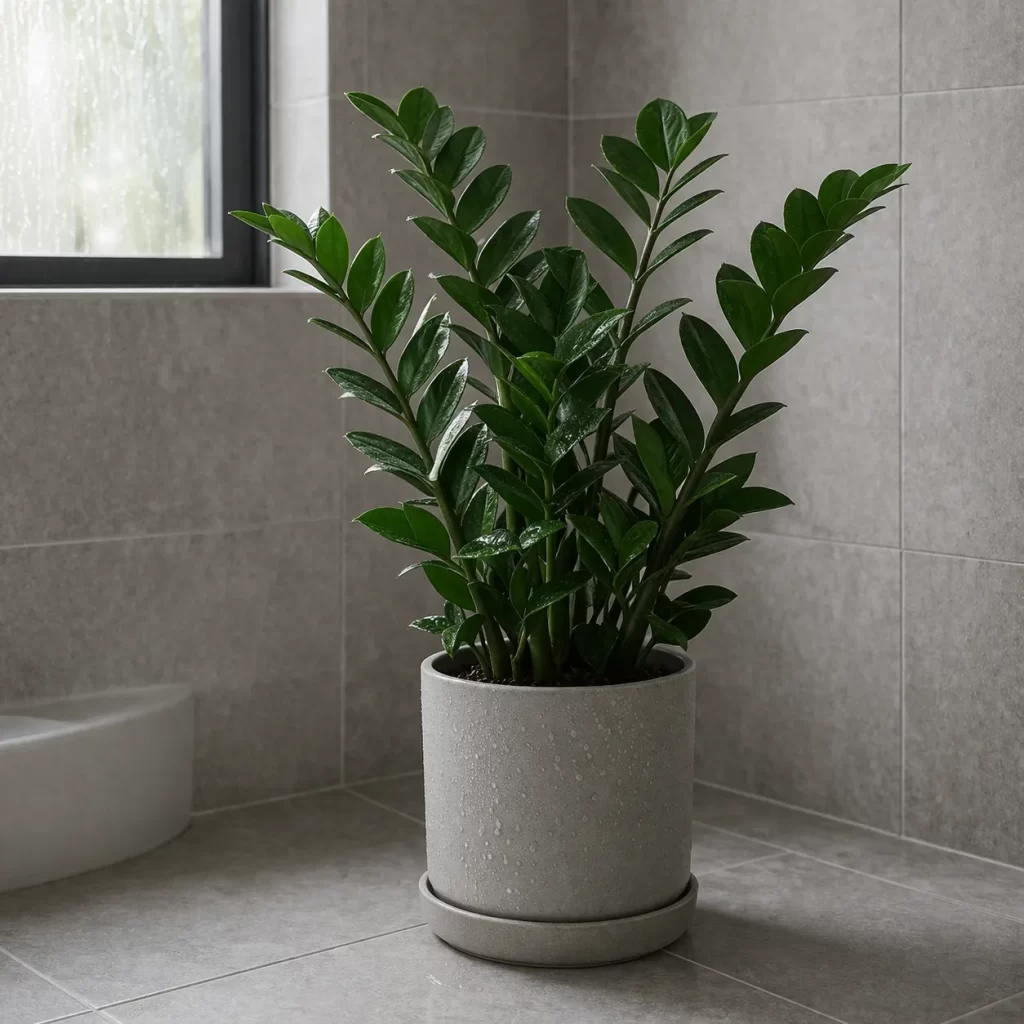 Een sterke badkamerplant die weinig licht verdraagt en goed past in een rustige, moderne ruimte.