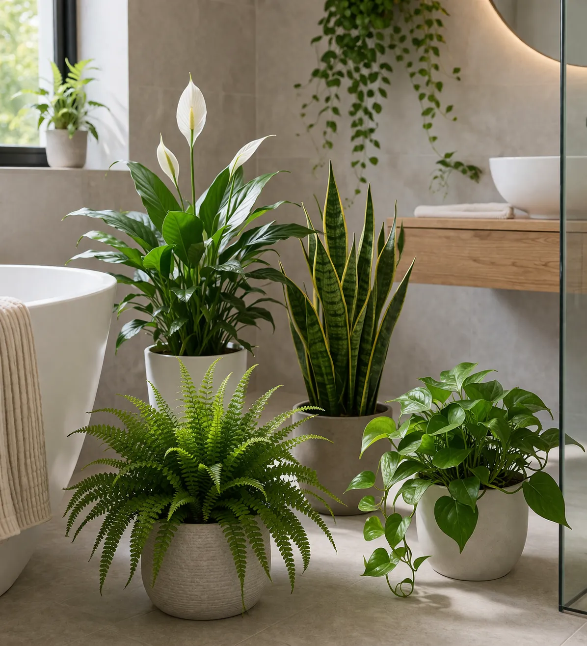 Frisse badkamer met luchtzuiverende planten in een natuurlijke, rustgevende sfeer.