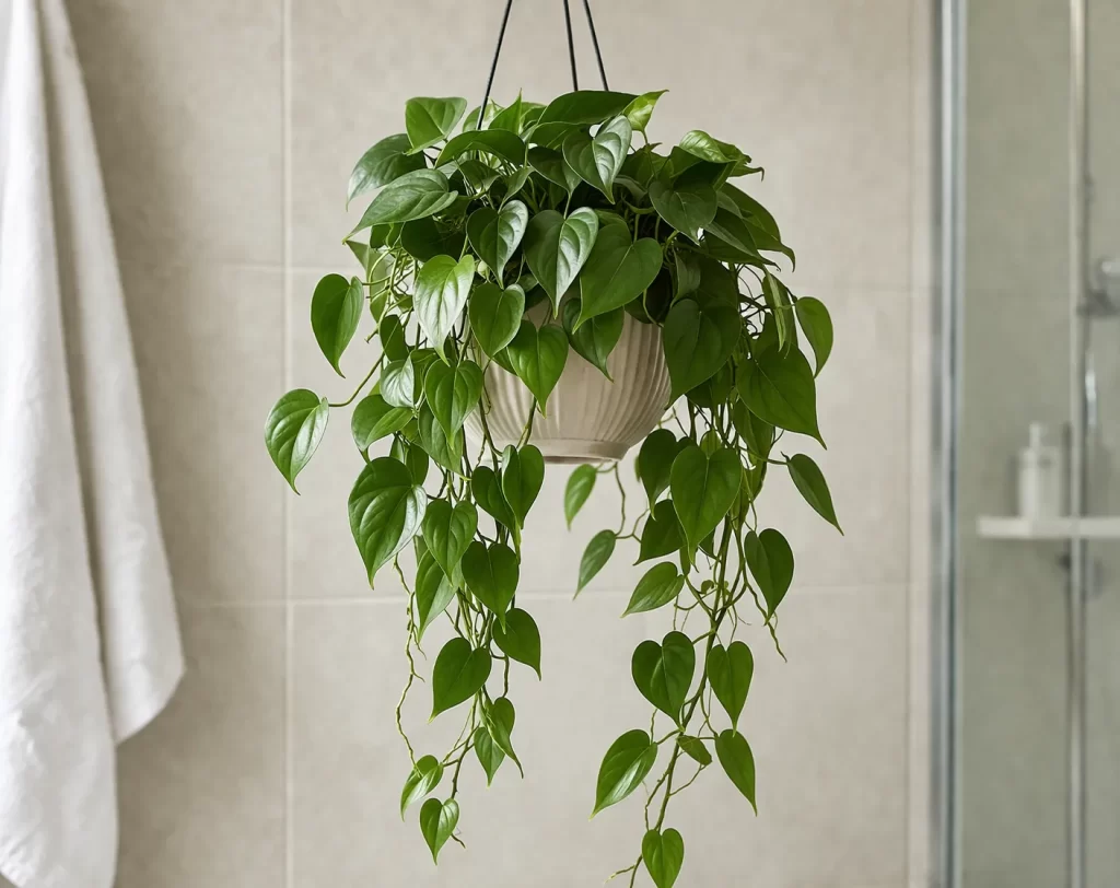 Een frisse groene hangplant die rust en sfeer brengt in een lichte, moderne badkamer.
