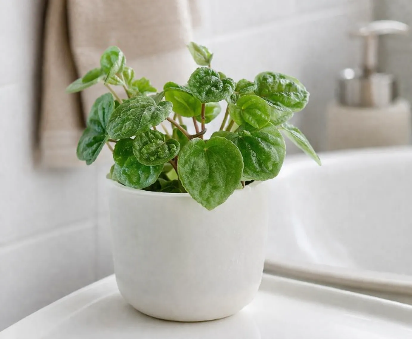 Groene, compacte kamerplant in een witte pot, perfect voor een frisse en rustige badkamer.