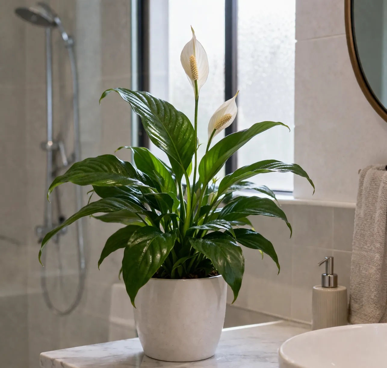 Een makkelijke badkamerplant die goed groeit bij hoge luchtvochtigheid en weinig direct licht.
