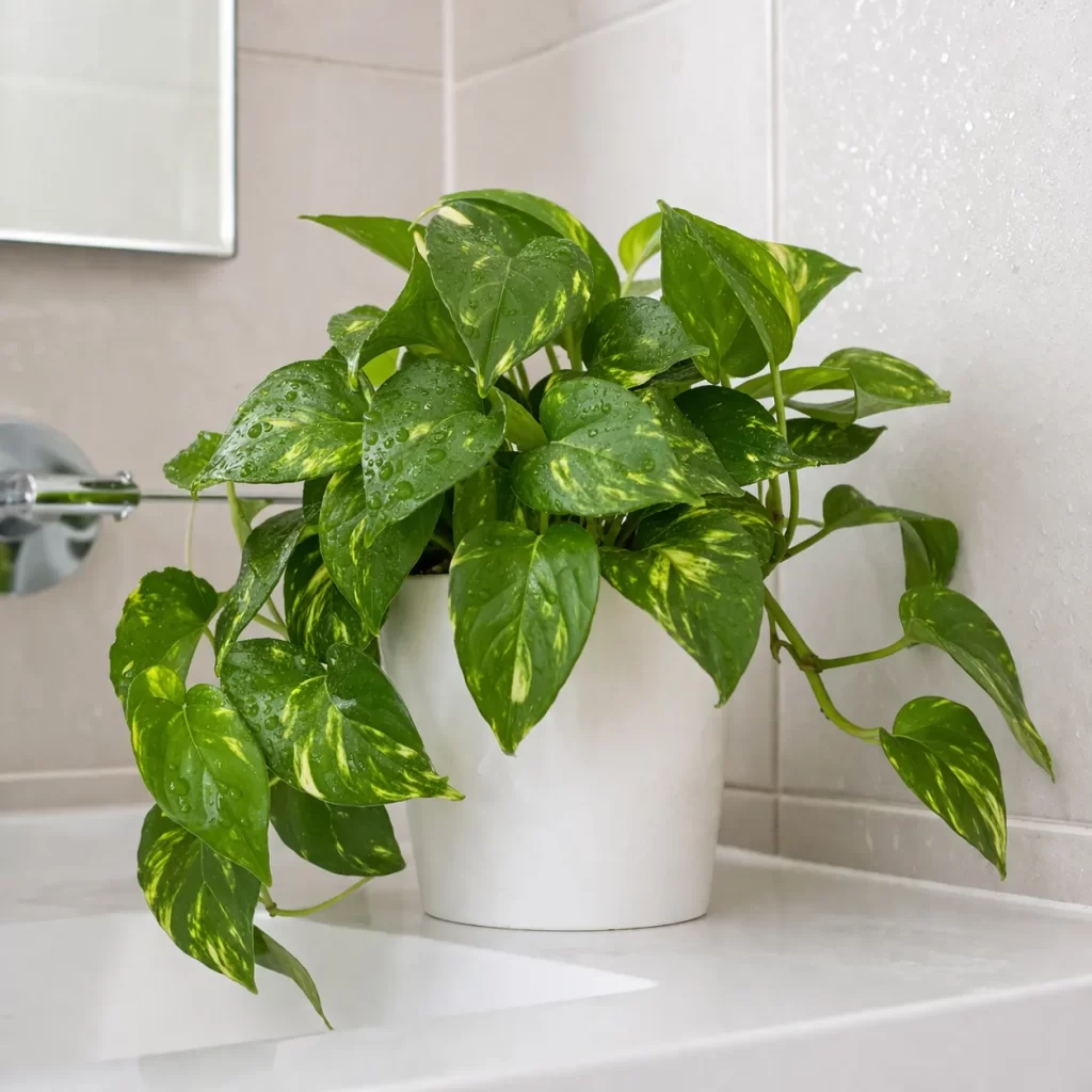 Een sterke beginnersplant die goed groeit in een warme, vochtige badkamer met indirect licht.