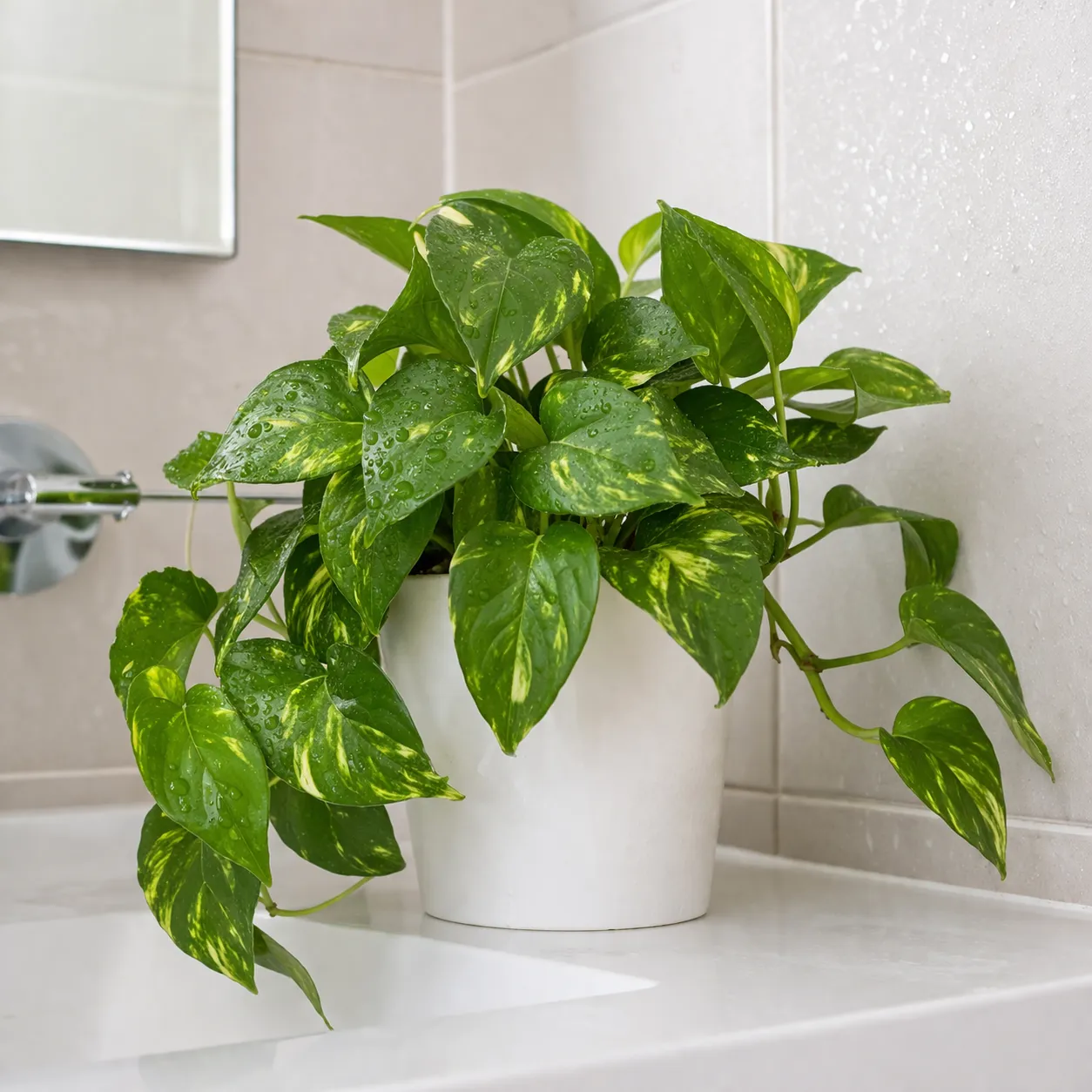 Een sterke beginnersplant die goed groeit in een warme, vochtige badkamer met indirect licht.