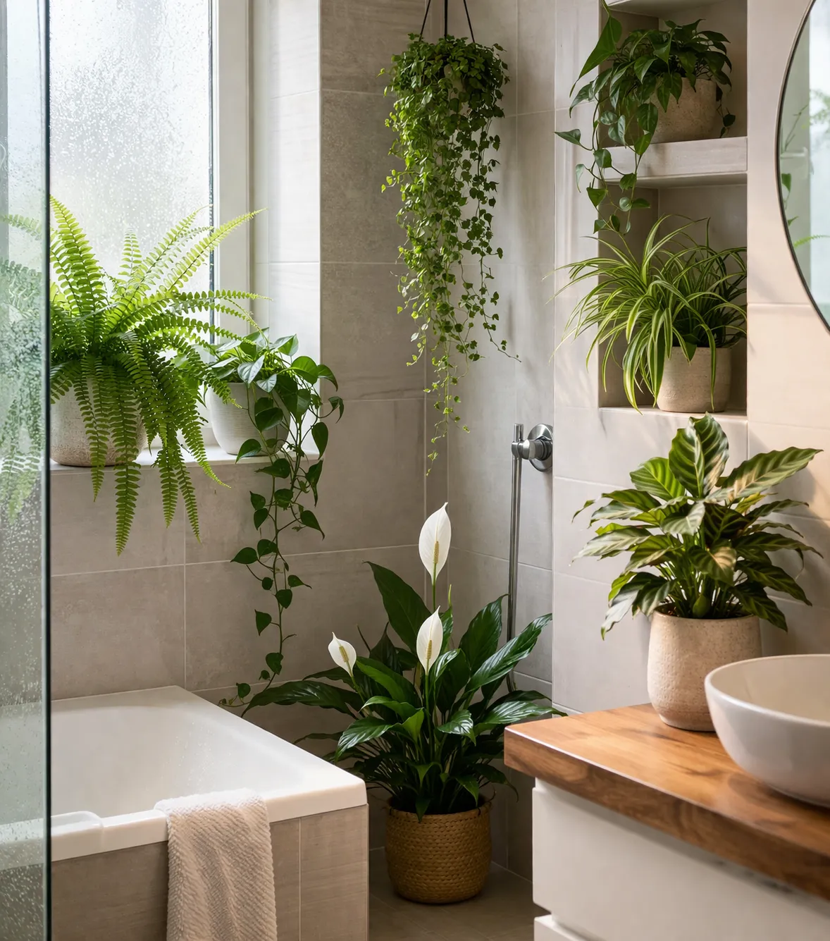 Een lichte badkamer met echte groene planten die goed tegen vocht en warmte kunnen.
