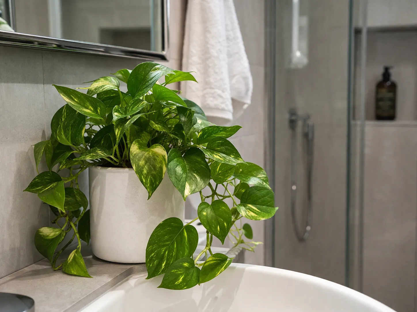 Een echte groene kamerplant in een lichte, kleine badkamer. Fris, stijlvol en perfect voor een vochtige ruimte.