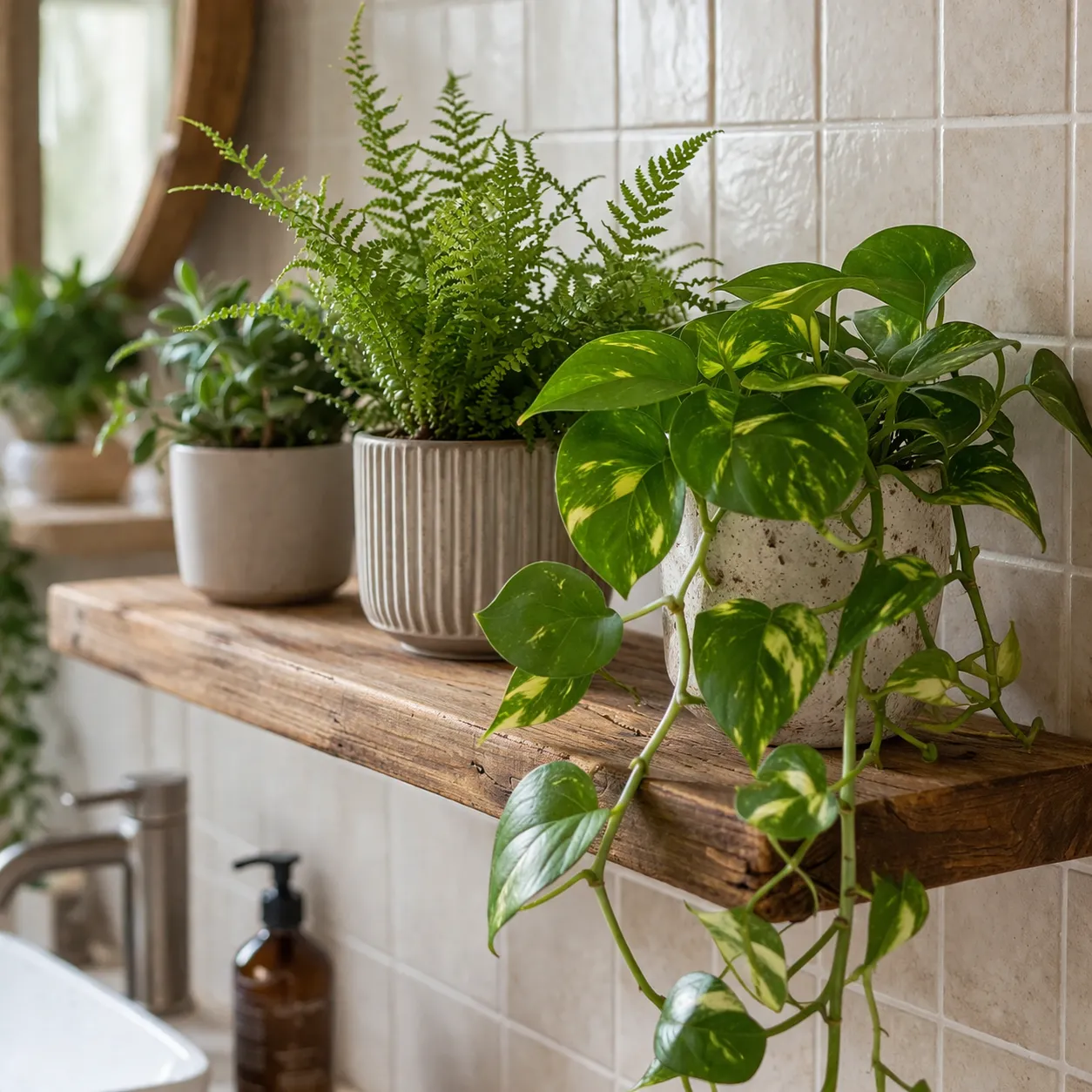 Echte badkamerplanten op een houten plank, in een warme en rustgevende sfeer.