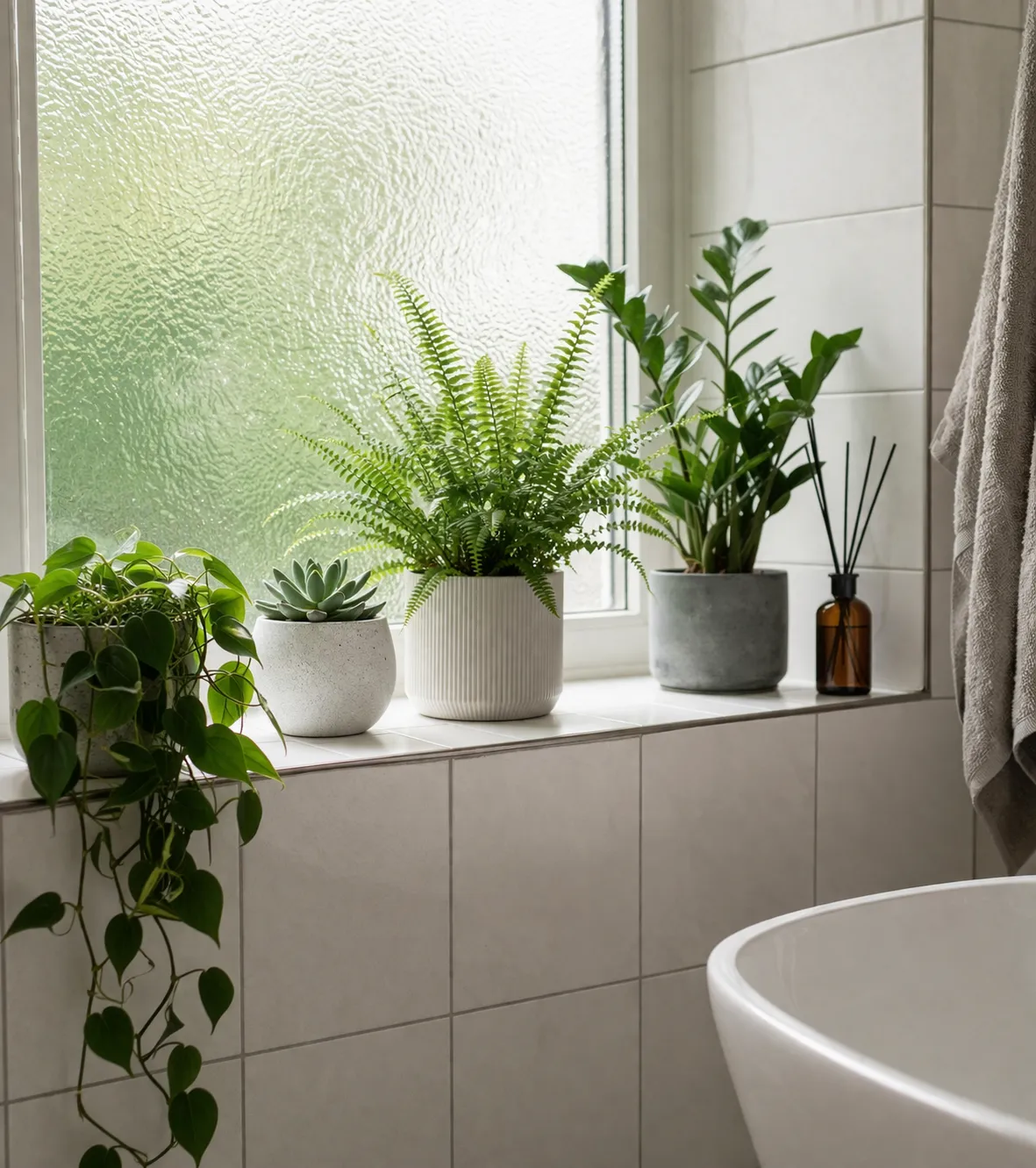 Groene kamerplanten op een lichte badkamer vensterbank.