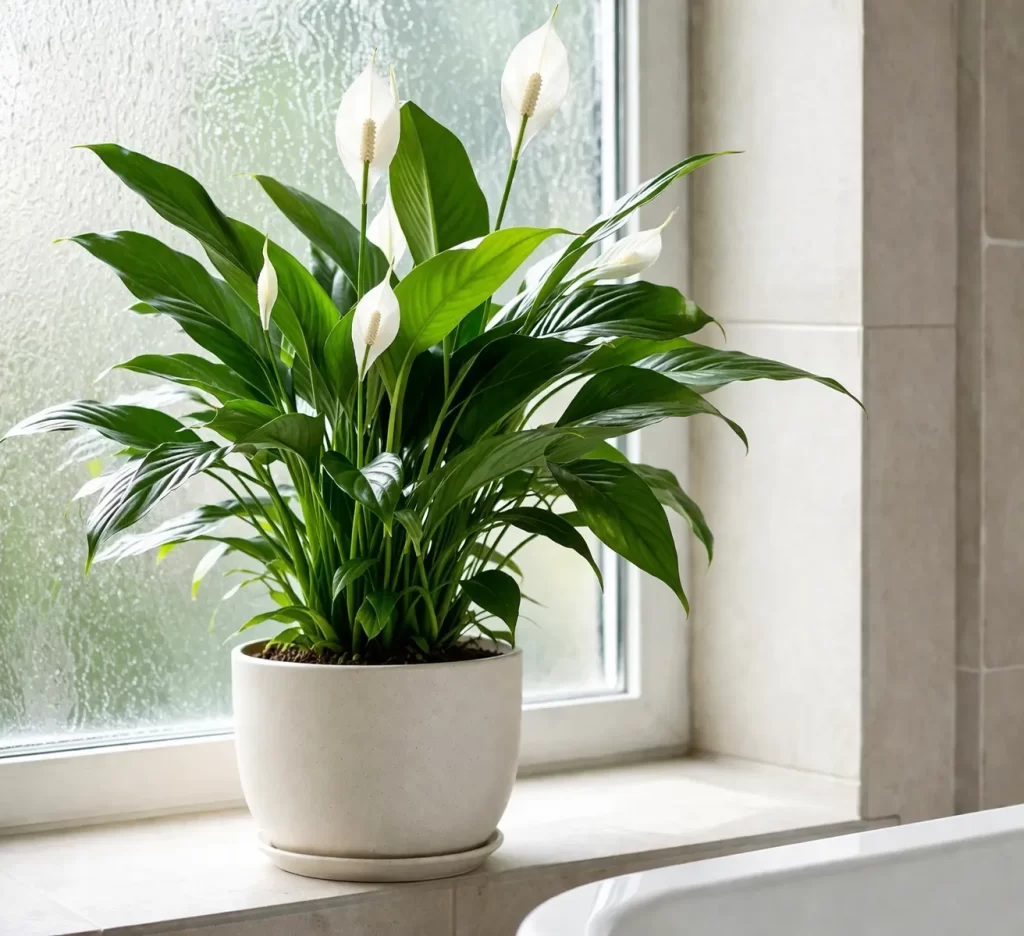 Een frisse tropische plant in een badkamer met veel daglicht. Realistisch en natuurlijk.