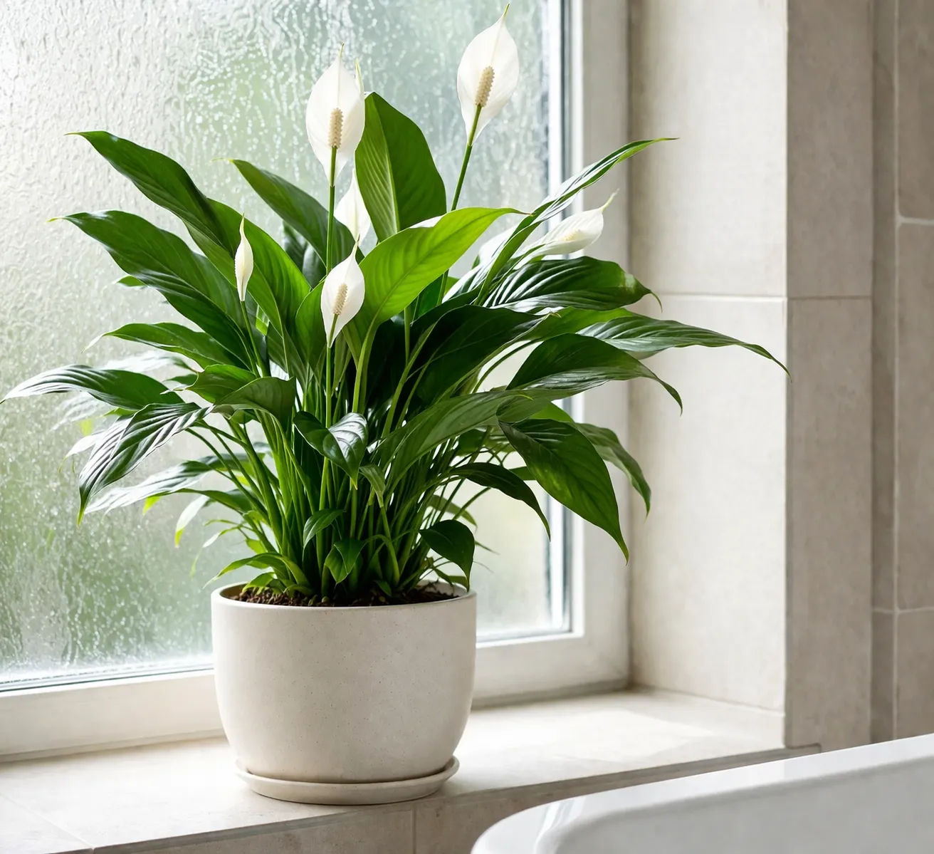 Een frisse tropische plant in een badkamer met veel daglicht. Realistisch en natuurlijk.