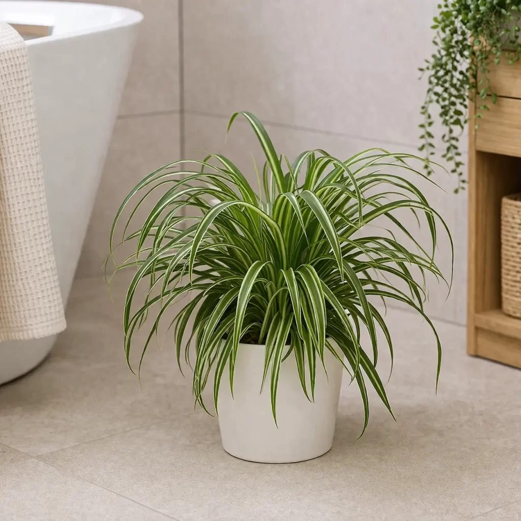 Hondvriendelijke badkamerplant met frisse, sierlijke bladeren.