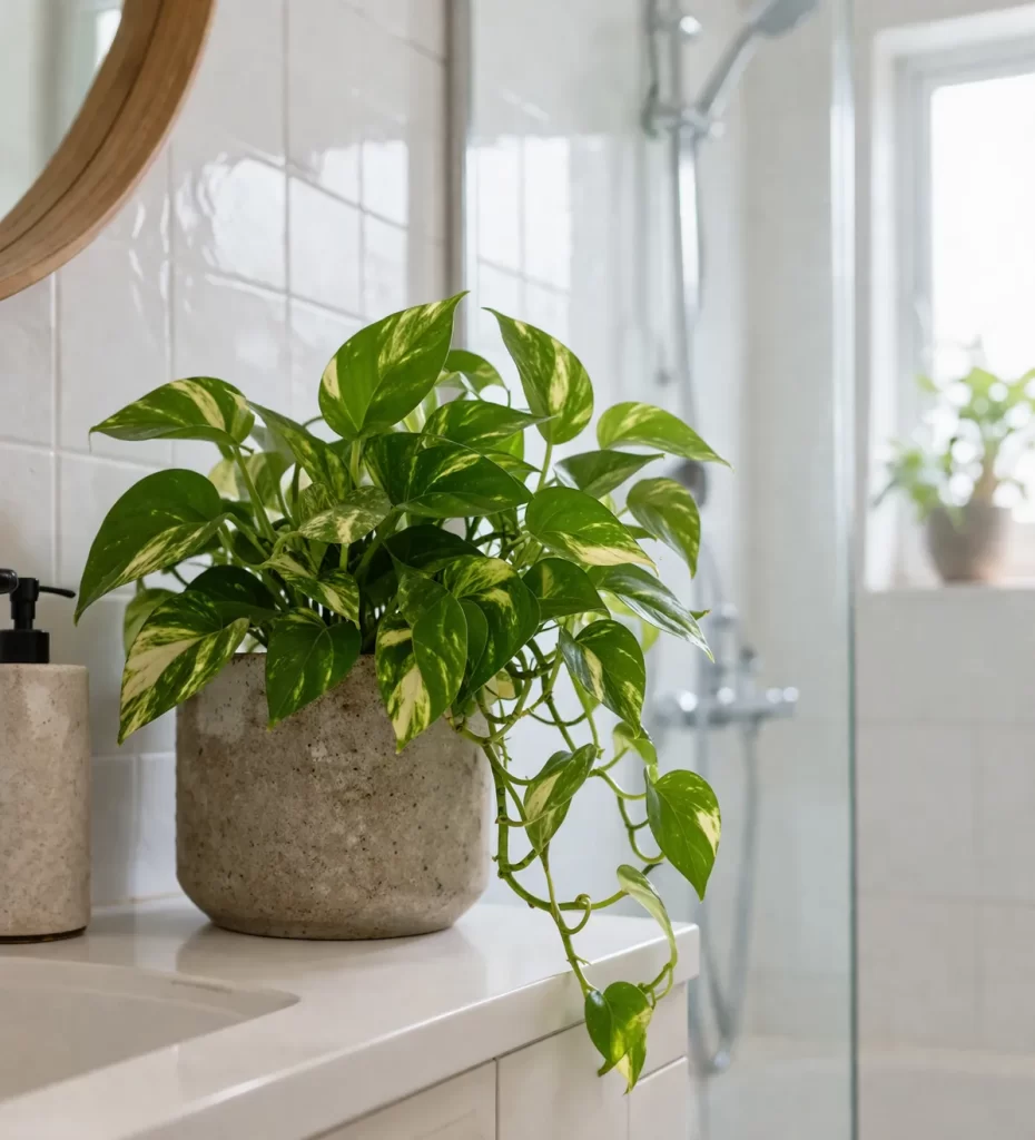 Een sterke kamerplant die goed groeit in een vochtige badkamer met indirect licht.