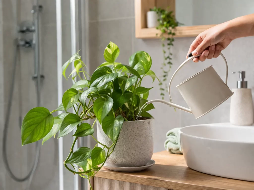 Een groene badkamerplant krijgt voorzichtig water in een lichte, moderne badkamer.