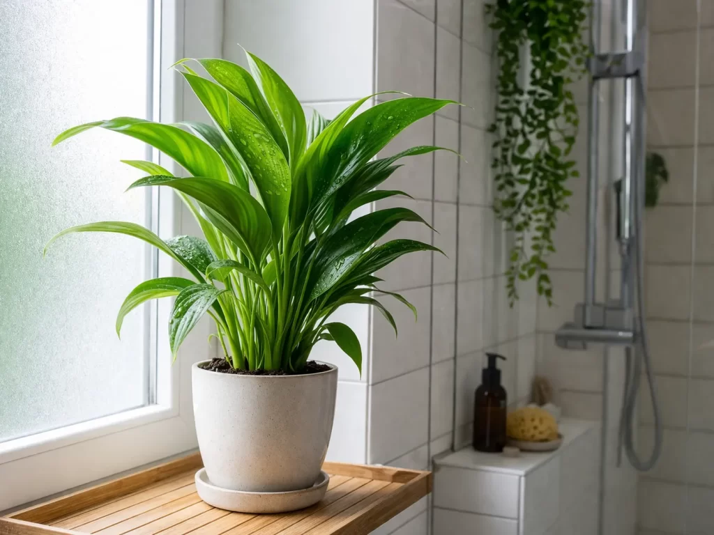 Realistische badkamerplant in vochtige ruimte, fris blad en geen schimmel.
