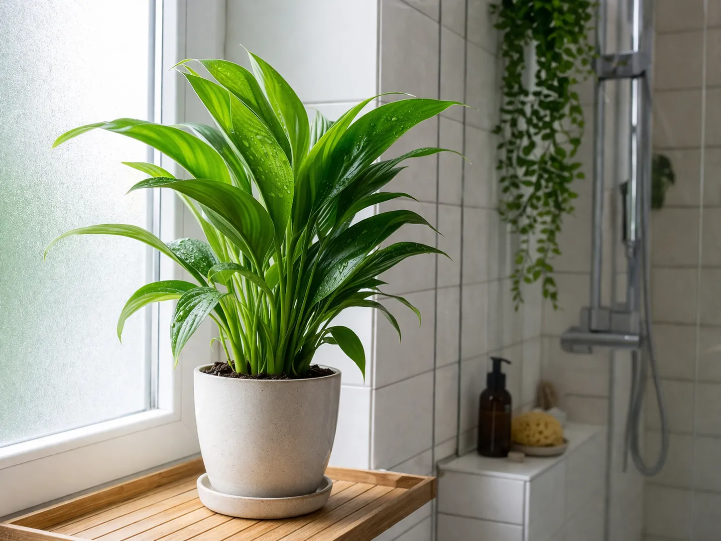 Realistische badkamerplant in vochtige ruimte, fris blad en geen schimmel.