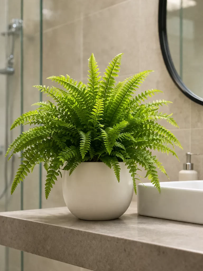 Een frisse, groene varen die goed groeit in een vochtige badkamer. Perfect voor een natuurlijke en rustgevende sfeer.