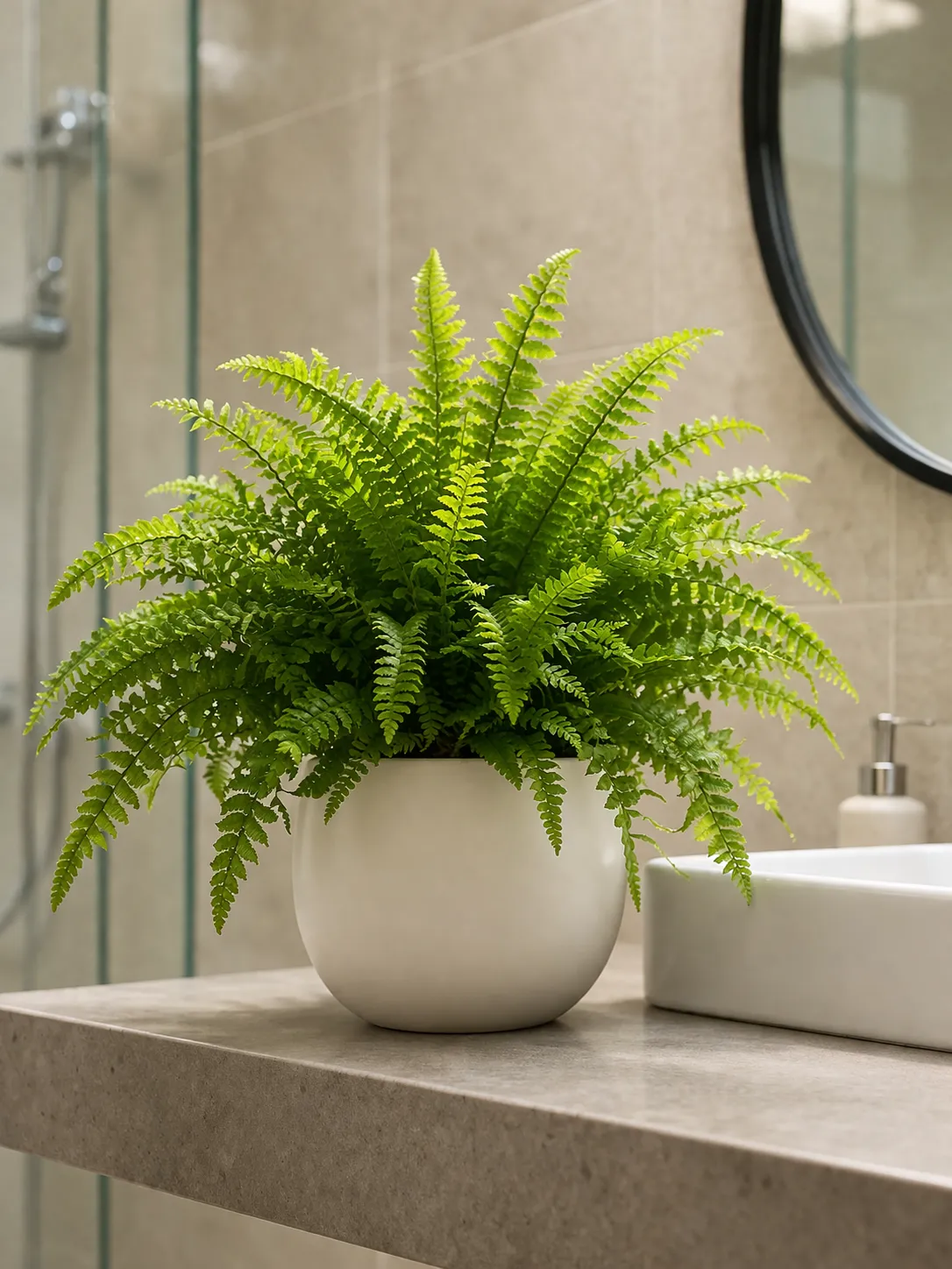 Een frisse, groene varen die goed groeit in een vochtige badkamer. Perfect voor een natuurlijke en rustgevende sfeer.