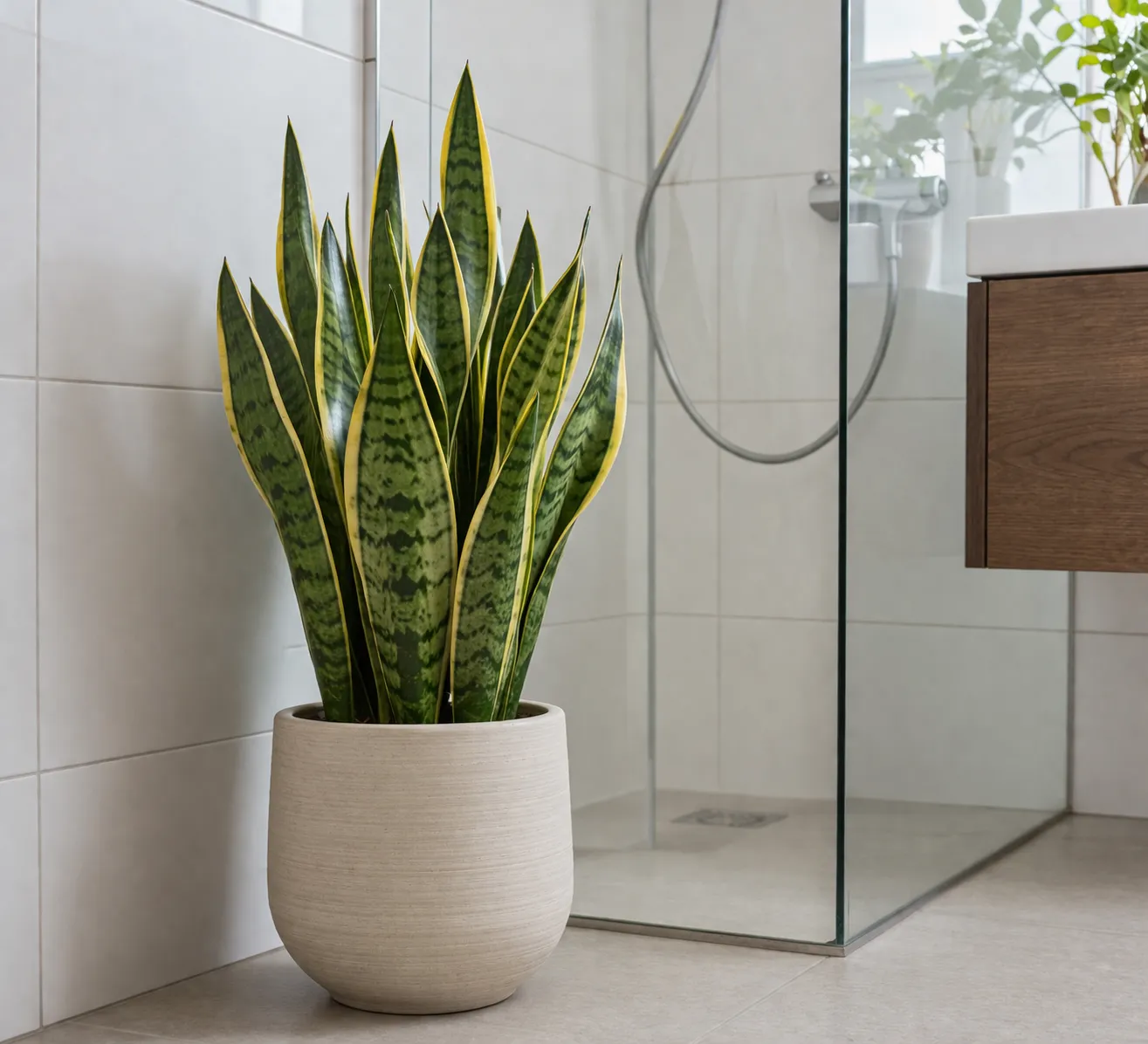 Een realistische sansevieria in een moderne badkamer met zachte lichtinval en een rustige, frisse uitstraling.