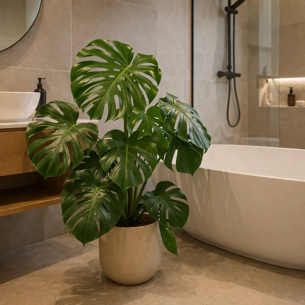 Een echte monstera in een moderne badkamer met een rustige, natuurlijke sfeer.
