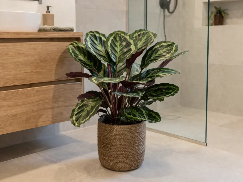 Een stijlvolle calathea in een lichte badkamer met een rustige, natuurlijke sfeer.
