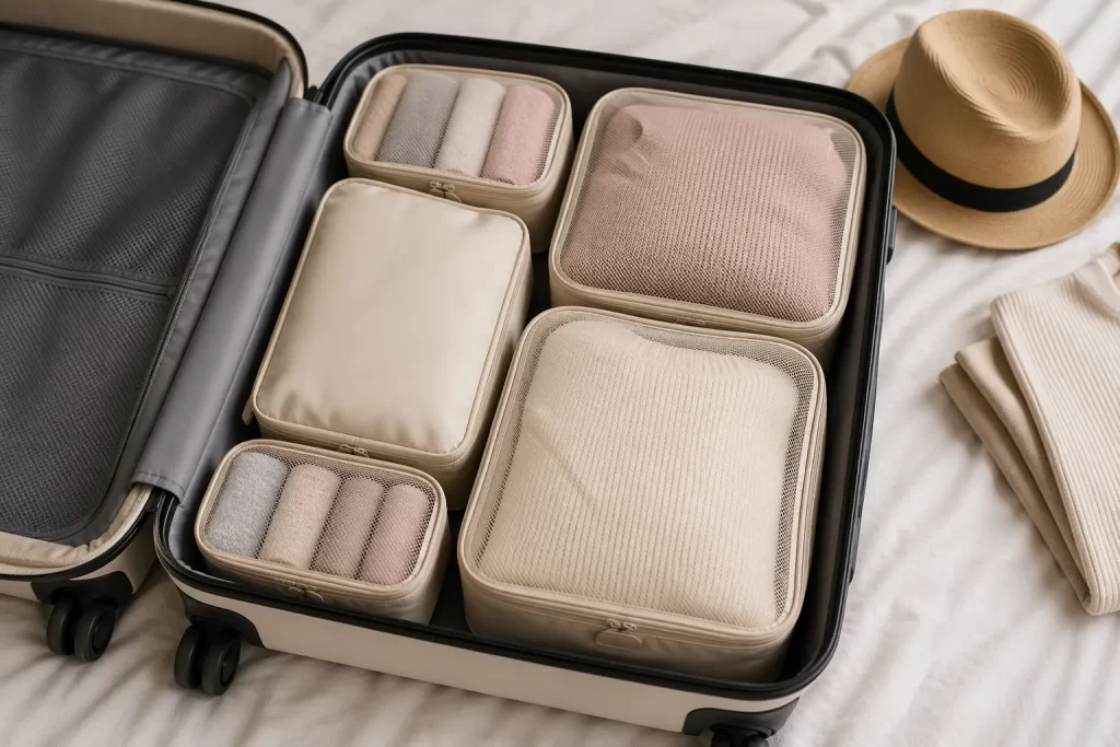 Slim ingepakte handbagage met compressie cubes voor meer ruimte en overzicht.