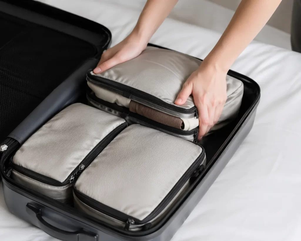 Slim ingepakte handbagage met compressie cubes voor meer ruimte en overzicht.