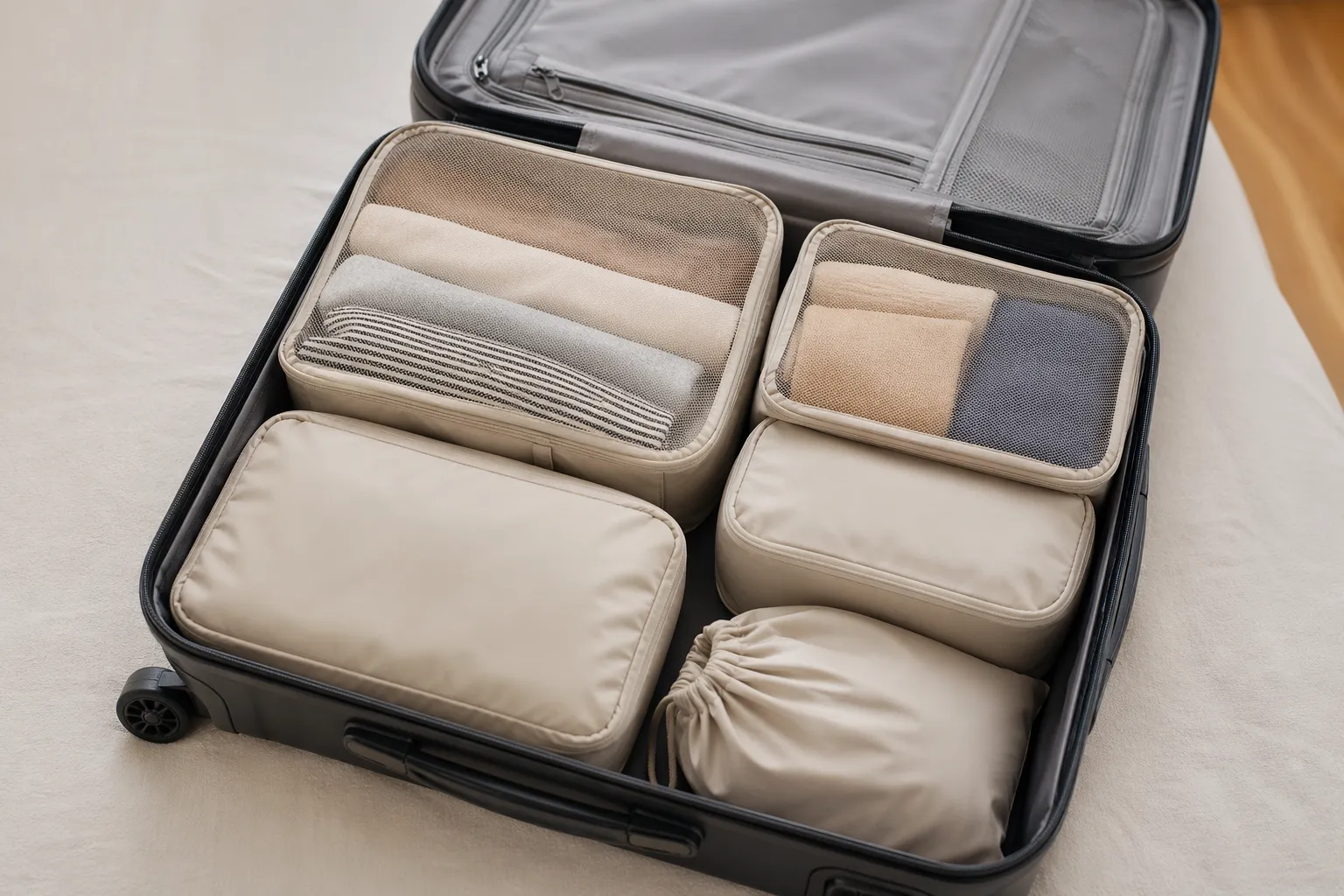 Netjes ingepakte handbagage met praktische packing cubes voor een overzichtelijke en ruimtebesparende koffer.