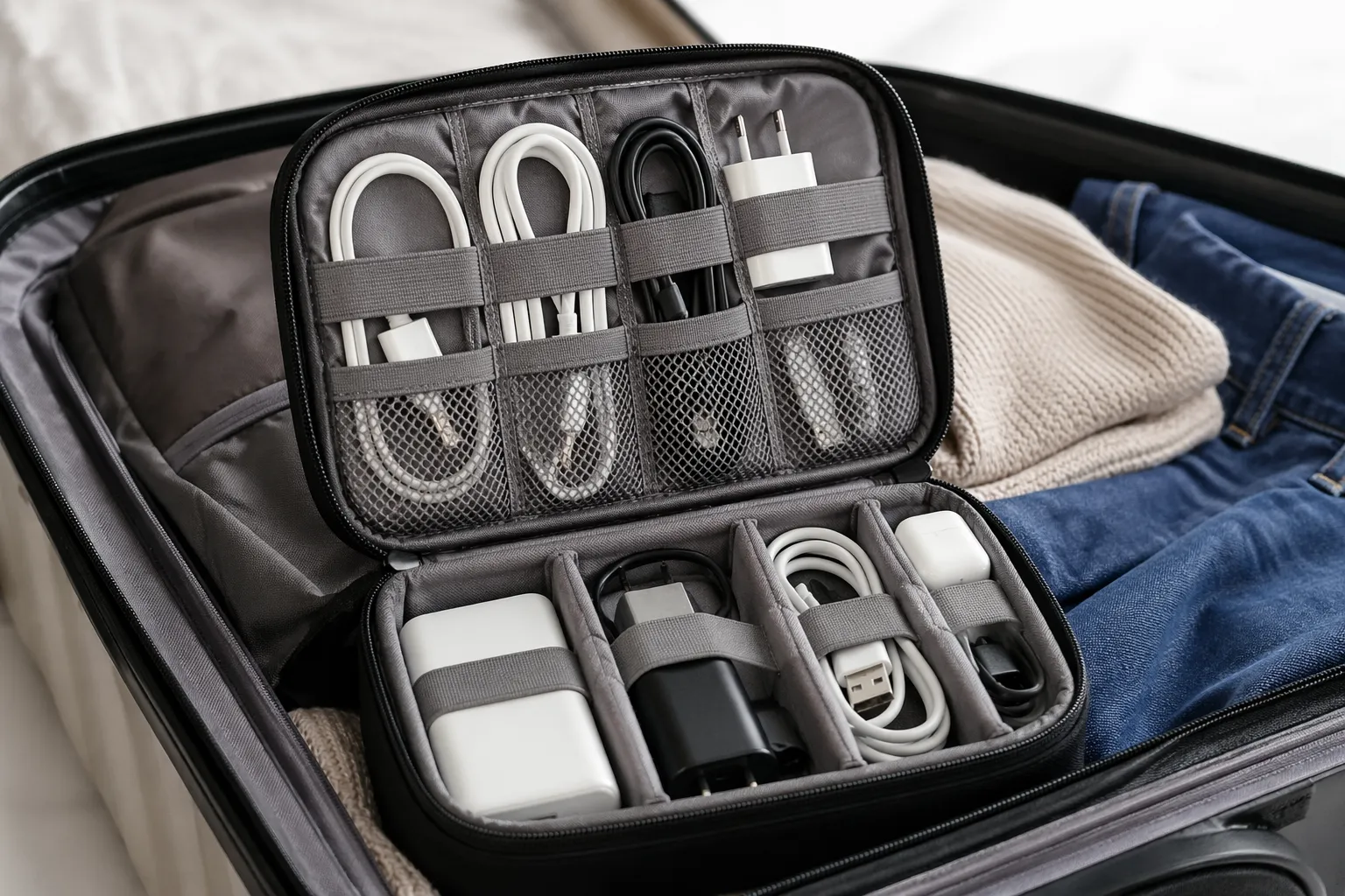 Compacte kabel organizer in een koffer, met netjes opgeborgen opladers en snoeren.