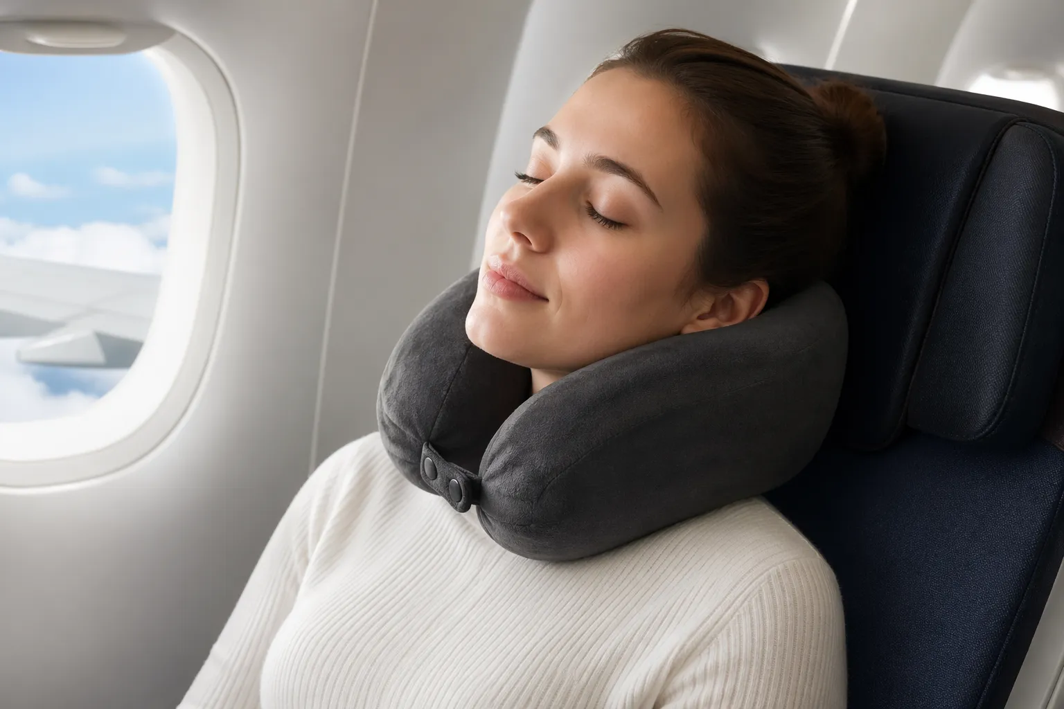 Comfortabel reiskussen dat weinig ruimte inneemt en extra steun geeft tijdens de vlucht.