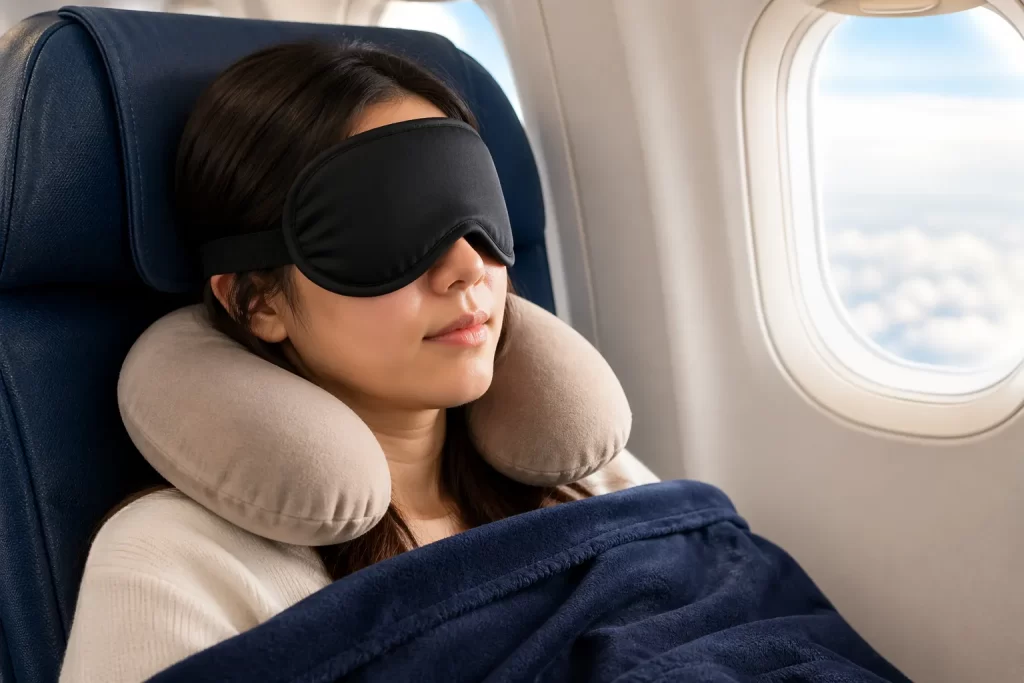 Rustig slapen in het vliegtuig met minder licht en prikkels onderweg.