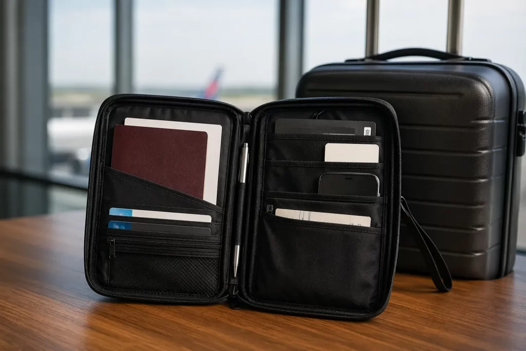 Compact en overzichtelijk etui voor paspoort, tickets en reispapieren, direct binnen handbereik.