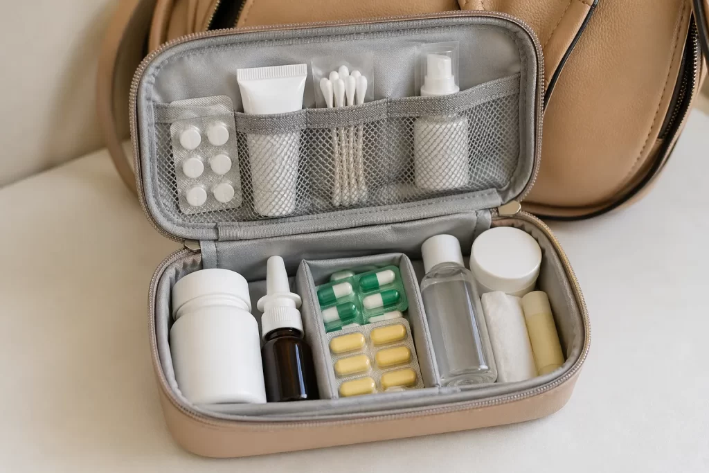 Belangrijke verzorgingsspullen netjes en direct binnen handbereik.