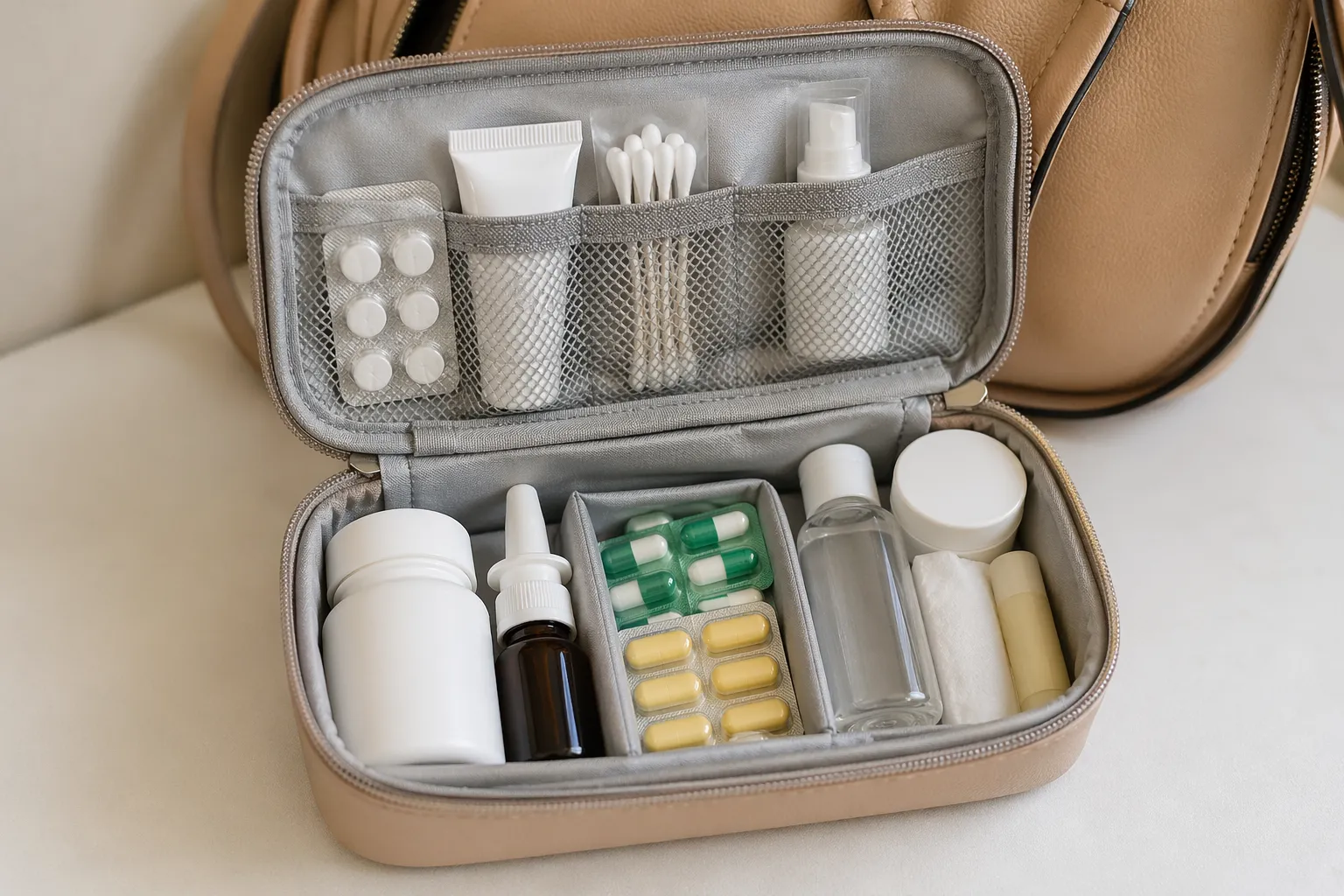 Belangrijke verzorgingsspullen netjes en direct binnen handbereik.